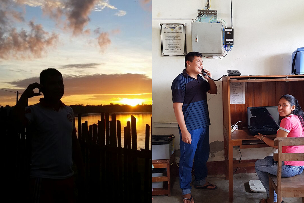 Un poblador habla por teléfono móvil al atardecer junto al río; en el puesto de salud, un técnico usa el teléfono y una trabajadora una computadora portátil