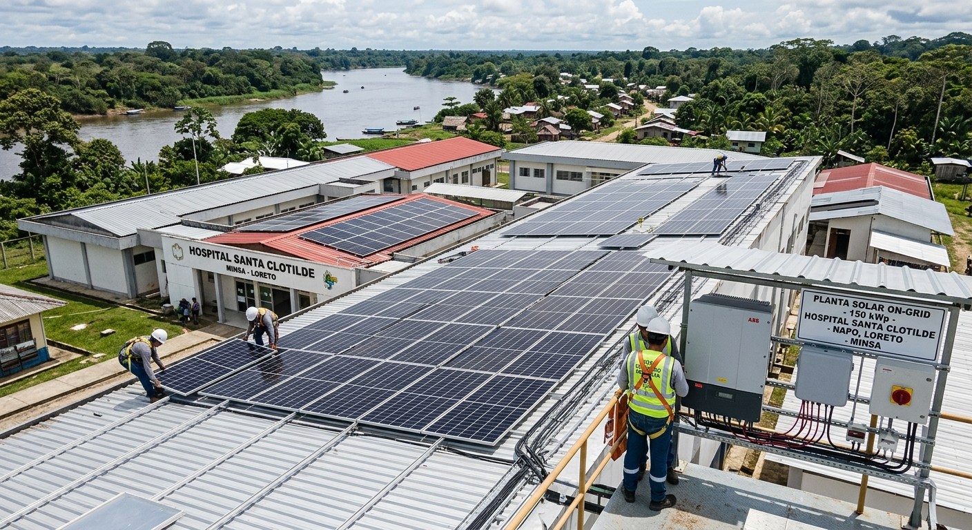 Vista aérea del Hospital Santa Clotilde con paneles solares cubriendo sus techos junto al río Napo; tres técnicos trabajan en la instalación