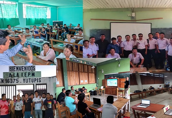 Cuatro escenas del componente educativo: firma de un acta con autoridades locales, estudiantes y docentes trabajando con computadoras portátiles en un aula, fotografía grupal frente a una institución educativa, y una reunión por videoconferencia entre docentes del Perú y España