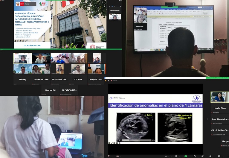 Cuatro escenas del componente de salud: una telecapacitación del Ministerio de Salud, sesiones de telesalud por videoconferencia con establecimientos de la cuenca, una capacitación en medicina fetal con imágenes ecográficas, y personal de salud atendiendo a una paciente frente a una computadora