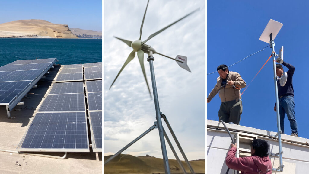 Tres vistas del proyecto: paneles solares sobre un techo frente al mar y los acantilados de Paracas, un aerogenerador de cinco aspas contra el cielo, y tres técnicos instalando una antena en una azotea